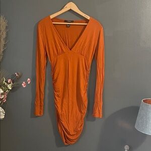 Forever 21 Rust Long Sleeve Ruched Bodycon Dress M